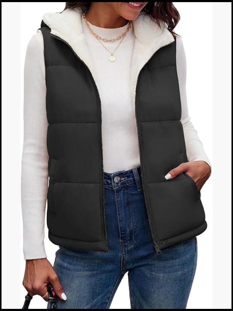Reversible Hooded Puffer Vest Fleece Lined Sleeveless Jacket Zip Up Warm Winter